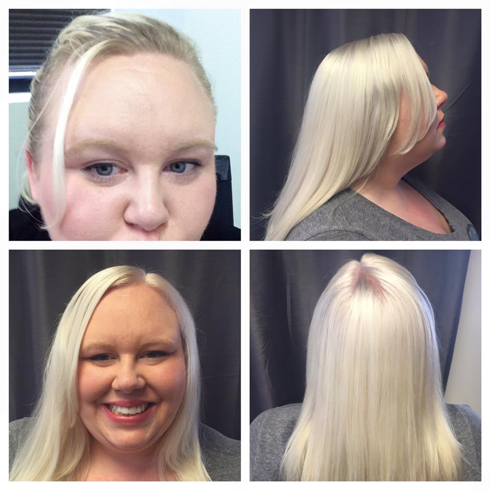 One scalp lightening and refresh to a silver-platinum all over with olaplex to help condition the hair. Done by Sarah H.