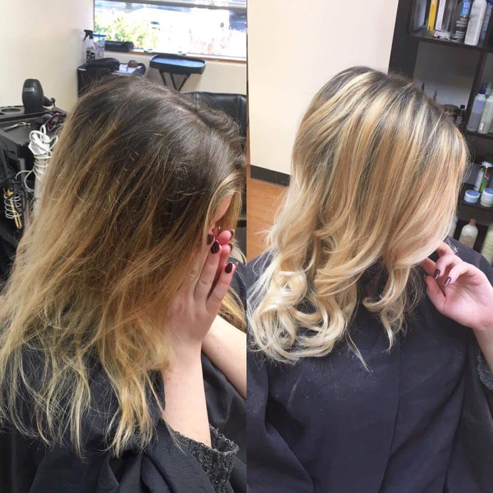 Taking a grown-out balayage and updating it with fresh dimension, lighter blonde through the ends and a nice glaze to soften the color to a beautiful buttery blonde.Done by Kara&nbsp;