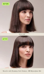Split image of a woman with shoulder-length brown hair; top shows unwashed, dull hair, bottom shows smoother, shinier hair after using shampoo and oil.