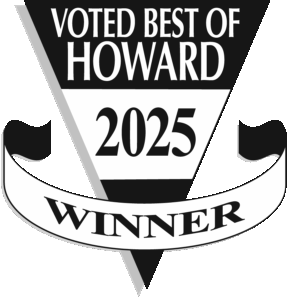 Black and white badge with the text "Voted Best of Howard 2025 Winner" in bold letters inside a triangle and ribbon design.