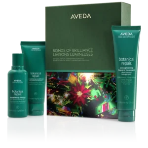 Aveda Bonds of Brilliance gift set from Thirty Hair, featuring three green bottles of Botanical Repair shampoo, conditioner, and leave-in treatment—perfect for fans of cruelty-free skincare—displayed with the product box.