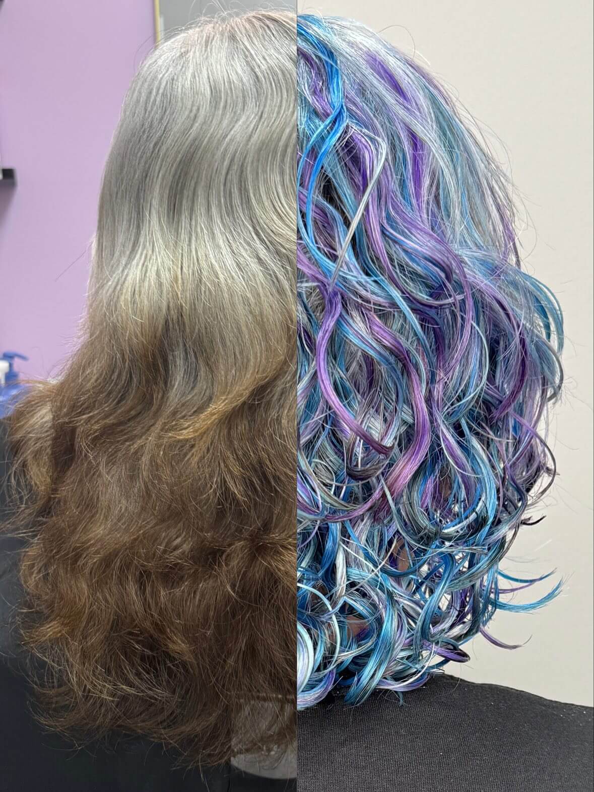 Split image showing the back of a person's hair: left side is long, gray with brown undertones; right side is shorter, curled, and dyed blue, purple, and teal.